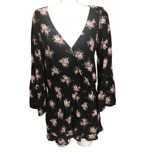 Floral Print‎ Romper Black Pink Long Bell Sleeve V Neck Womens Casual